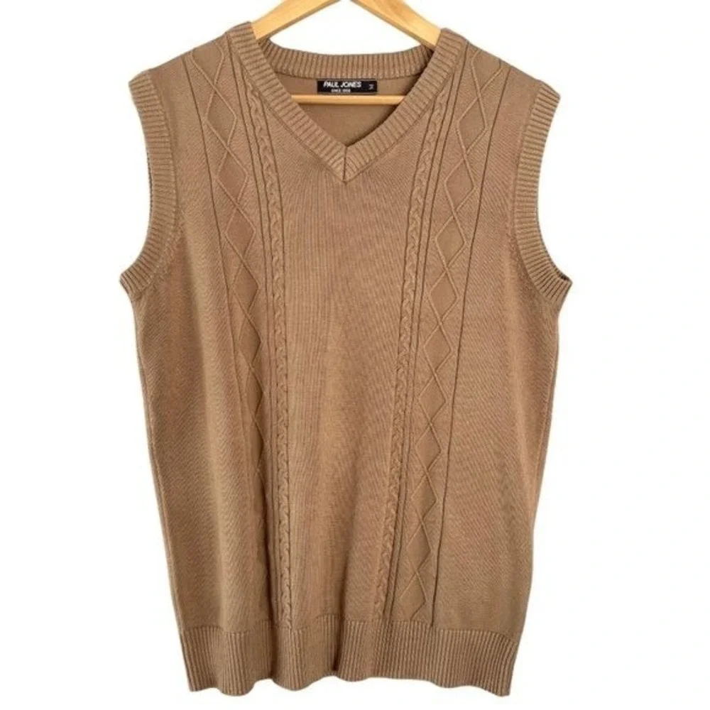 Paul Jones Men Viscose Blend Argyle Sweater Vest Size Medium Tan Academia Preppy